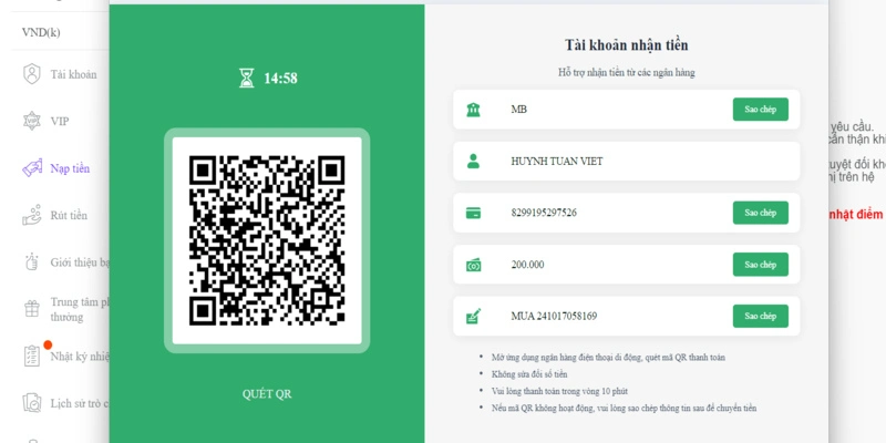 Nạp tiền qua ngân hàng